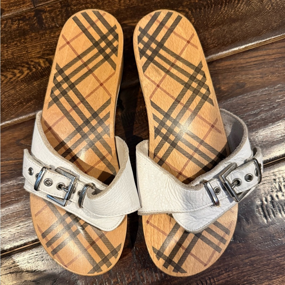 Burberry Dr. Scholls Nova check white leather wood vintage clog sandals 8 8.5
